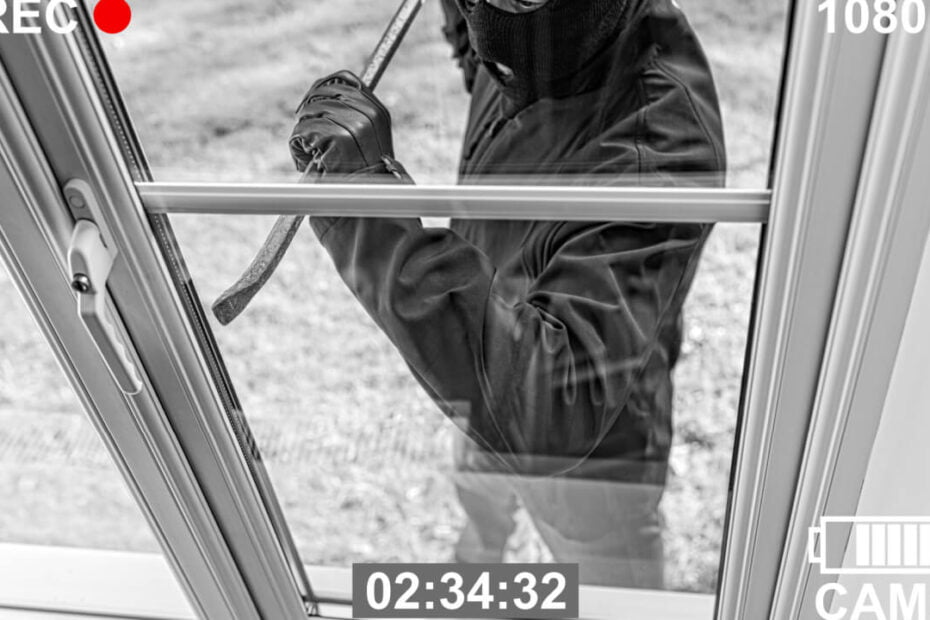 Burglar breaking in to home through window with crowbar