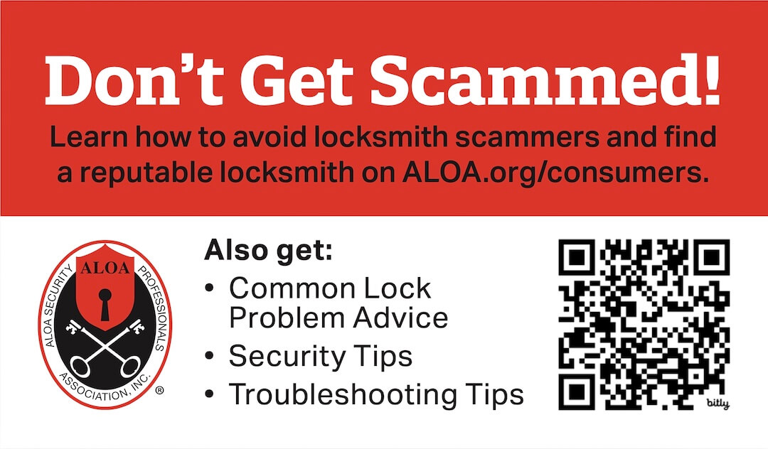 ALOA consumer awareness card explaining how to avoid locksmith scams